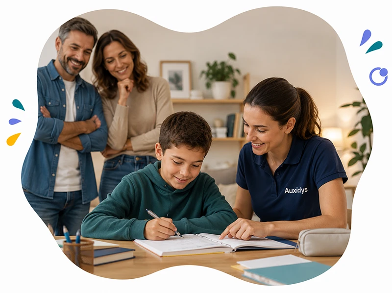 Soutien scolaire spécialisé DYS à Toulouse : une enseignante Auxidys accompagne un élève dans ses devoirs